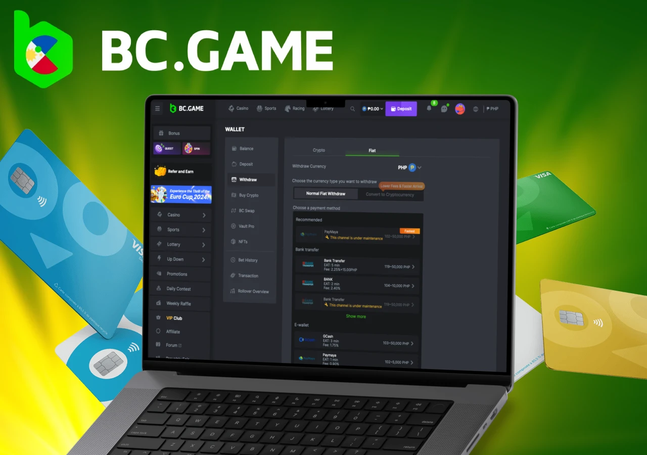 Available options for withdrawal of funds from BC Game account